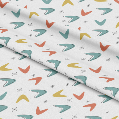 Mid-Century Modern Pattern 38 Quilting Cotton Fabric, quilting, cotton, fabric, white background, teal boomerang shapes, mustard yellow accents, rust orange details, geometric motifs, retro design, soft texture, premium quilting cotton, classic style, subtle starbursts, traditional textile, smooth finish.