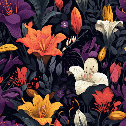midnight background, floral pattern, orange lilies, purple flowers, white lilies, coral blooms, golden yellow flowers, dark navy base, tropical florals, botanical design, quilting cotton, fabric panel, moody floral, night garden, exotic flowers, lily blossoms, rich colors, dramatic contrast, seamless repeat, vibrant blooms