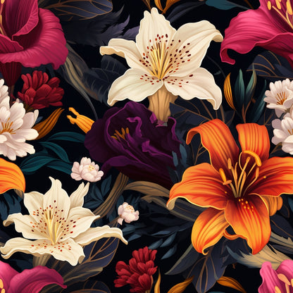 midnight black, floral pattern, lilies, orange flowers, white blooms, purple flowers, pink petals, dark background, botanical design, tropical flowers, stamens, petals, quilting cotton, fabric panel, moody florals, dramatic contrast, exotic blooms, garden motif, rich colors, artistic illustration