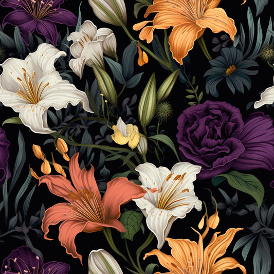 midnight floral, dark background, lilies, roses, purple flowers, orange blooms, white lilies, coral flowers, botanical pattern, moody florals, quilting cotton, fabric panel, garden flowers, dramatic floral, black backdrop, vibrant petals, floral arrangement, textile design, sewing fabric, contemporary floral