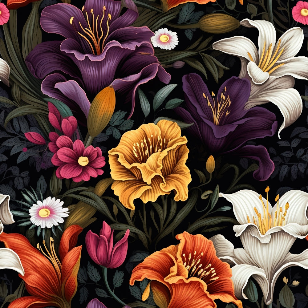 midnight floral, black background, purple lilies, orange flowers, white lilies, pink blooms, botanical pattern, dark moody, tropical flowers, quilting cotton, fabric panel, floral garden, deep purple, coral orange, cream white, magenta pink, lush foliage, dramatic florals, night garden