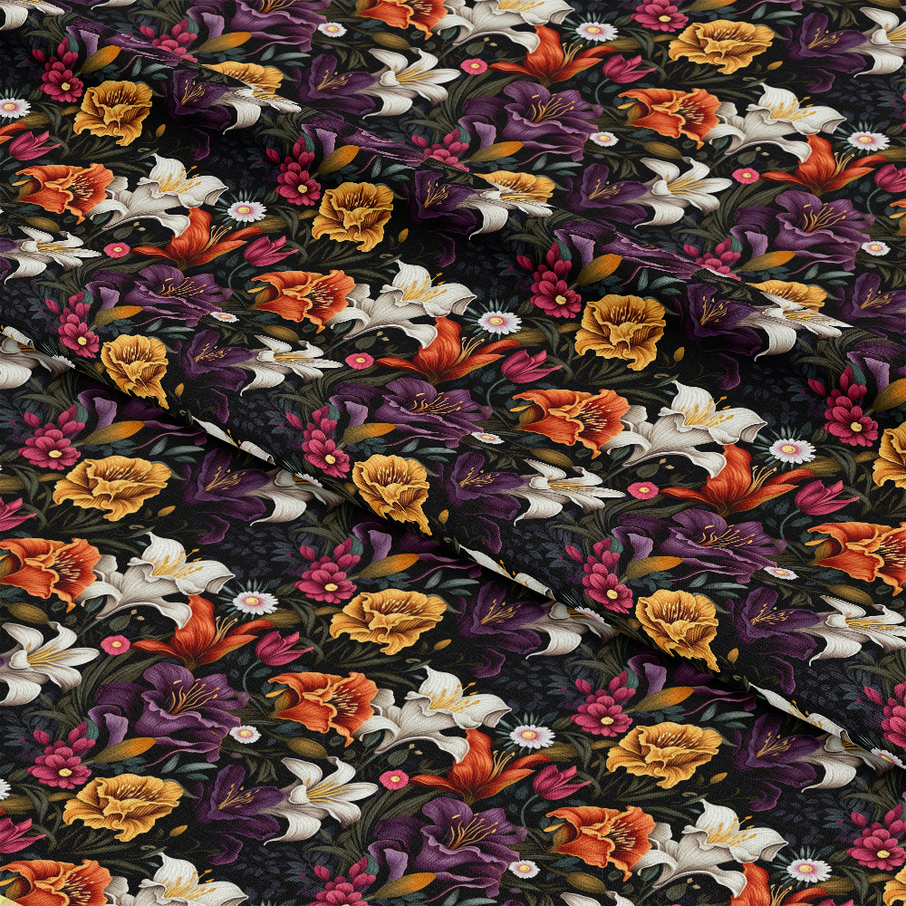 A close-up view of fabric featuring a dense floral pattern with yellow, purple, white, and orange flowers along with green leaves on a black background. The fabric is shown in layered, slightly folded sections.