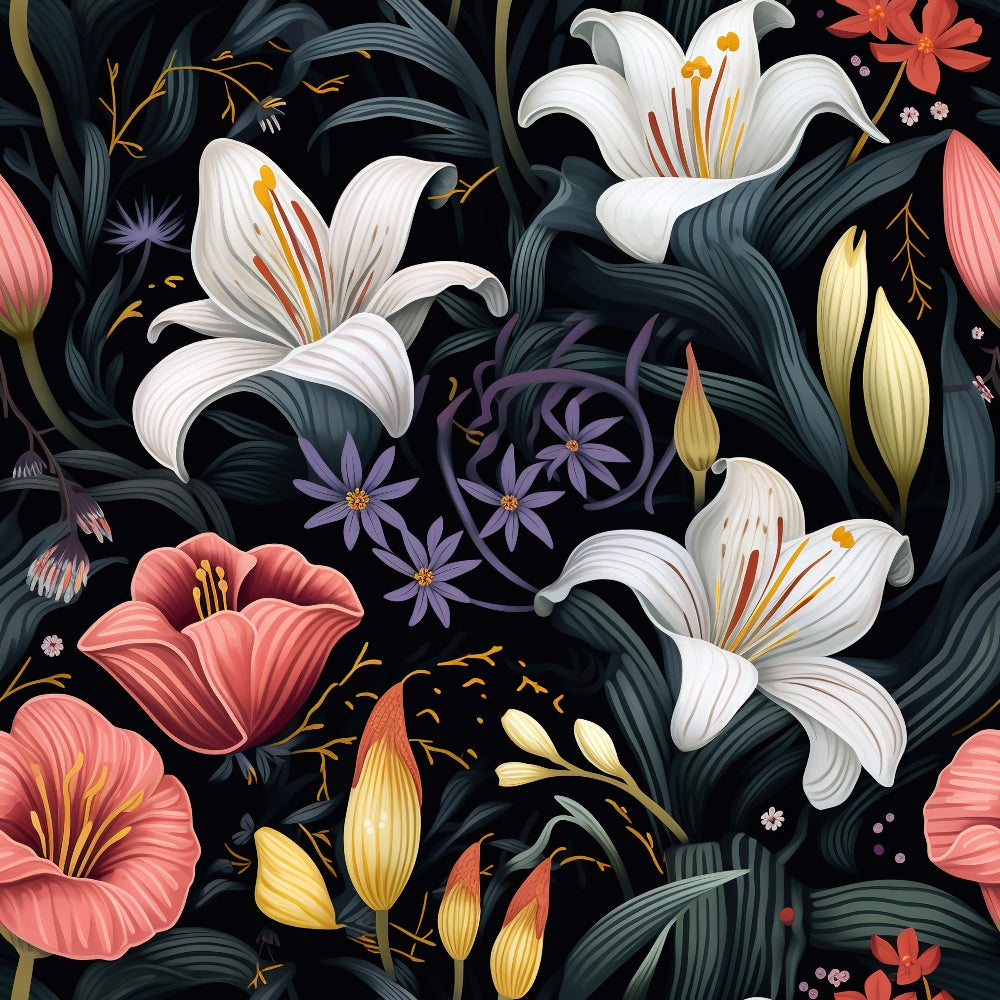 midnight black background, white lilies, coral pink flowers, purple blooms, teal foliage, botanical pattern, floral design, tropical flowers, seamless repeat, quilting cotton, fabric panel, garden motif, elegant florals, dark floral, contemporary style, modern botanical, lily blossoms, flowing leaves, artistic illustration, vibrant colors