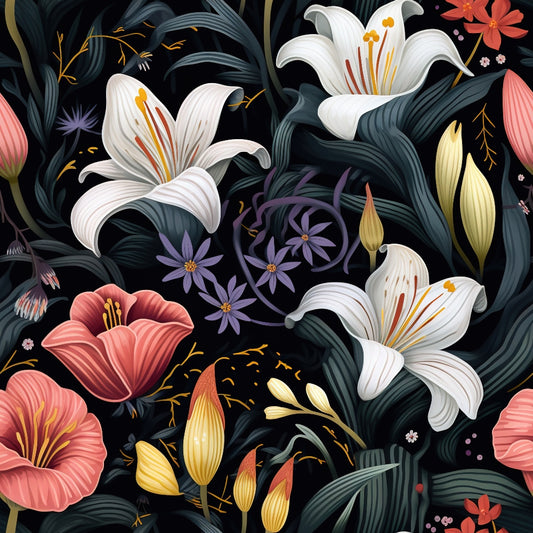 A seamless pattern of various flowers, including large white lilies, pink poppies, yellow buds, and purple blooms, with green leaves, set against a dark background.