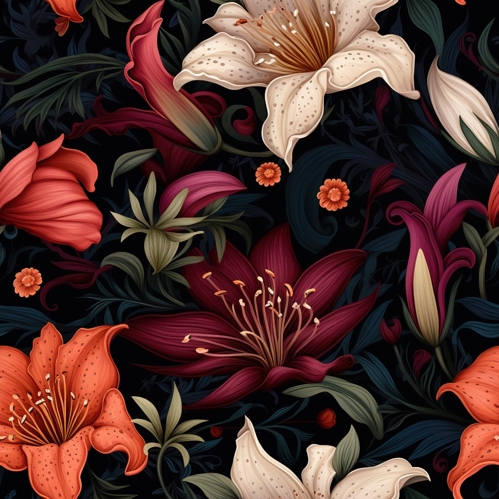 midnight background, floral pattern, lilies, orange flowers, burgundy blooms, cream petals, spotted flowers, dark navy, coral blooms, botanical design, tropical flowers, garden motif, quilting cotton, fabric panel, dramatic florals, moody floral, night garden, exotic blooms, luxurious pattern, rich colors