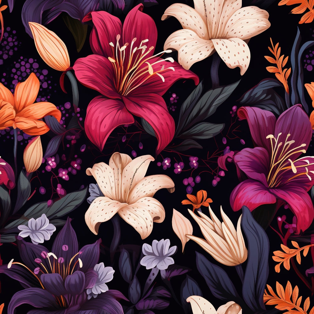 midnight background, floral pattern, lily flowers, purple lilies, pink lilies, cream lilies, orange lilies, dark foliage, botanical design, quilting cotton, fabric panel, dramatic florals, night garden, deep purple, magenta blooms, peach flowers, spotted petals, elegant stamens, moody floral, rich colors