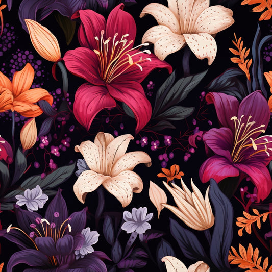 midnight background, floral pattern, lily flowers, purple lilies, pink lilies, cream lilies, orange lilies, dark foliage, botanical design, quilting cotton, fabric panel, dramatic florals, night garden, deep purple, magenta blooms, peach flowers, spotted petals, elegant stamens, moody floral, rich colors