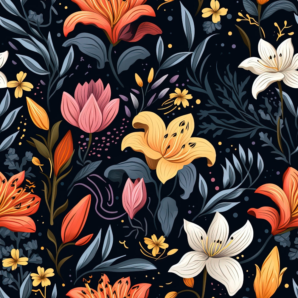 midnight floral, dark background, orange lilies, pink tulips, white lilies, yellow flowers, gray foliage, botanical pattern, quilting cotton, fabric panel, moody florals, night garden, coral blooms, navy blue, floral motifs, seamless design, contemporary style, spring flowers, decorative dots, nature inspired