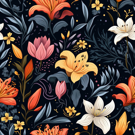 midnight floral, dark background, orange lilies, pink tulips, white lilies, yellow flowers, gray foliage, botanical pattern, quilting cotton, fabric panel, moody florals, night garden, coral blooms, navy blue, floral motifs, seamless design, contemporary style, spring flowers, decorative dots, nature inspired