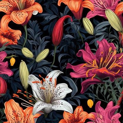 midnight background, lily flowers, tiger lilies, floral pattern, orange blooms, pink lilies, white lilies, purple flowers, dark foliage, botanical design, spotted petals, stamens, buds, quilting cotton, fabric panel, vibrant colors, realistic flowers, garden motif, blooming lilies, dramatic contrast