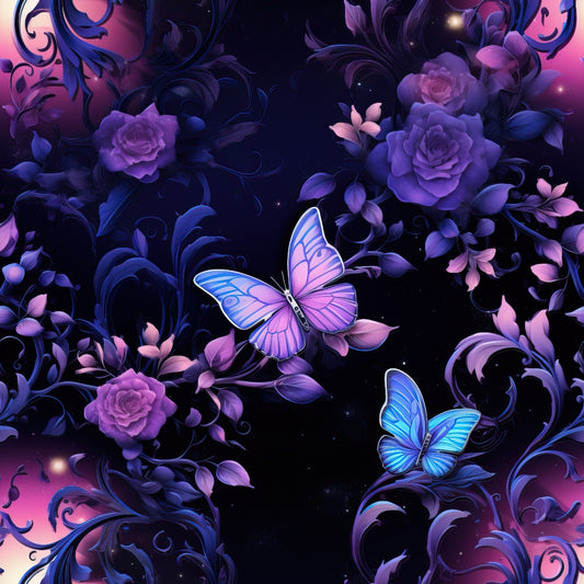 Two luminous butterflies surrounded by purple roses and swirling vines against a dark, starry background.