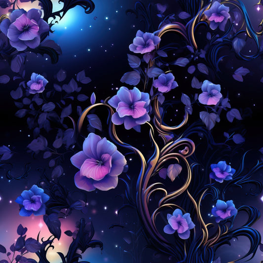 A swirling pattern of purple and blue blossoms on dark, starry background intertwined with gold vines.