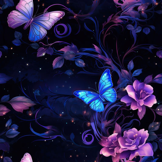 Vibrant purple and blue butterflies with swirling floral patterns against a dark background.