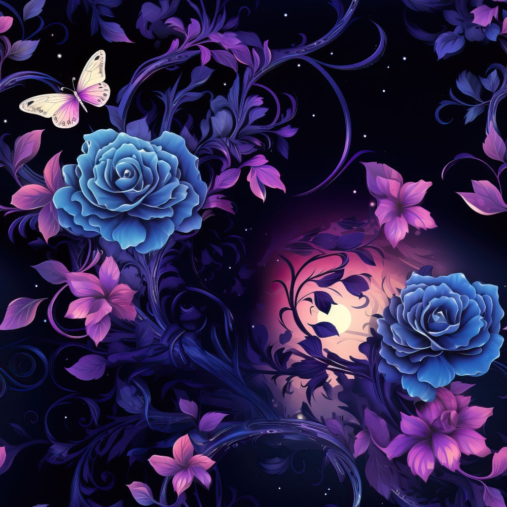 A digital illustration of blue roses and pink flowers with a butterfly against a dark background, illuminated by a soft, glowing orb.