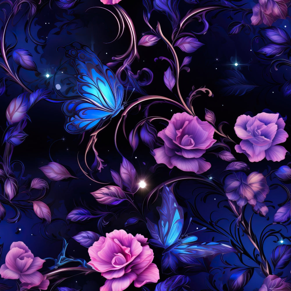 Illustration of blue butterflies and purple roses with swirling vines on a dark background.