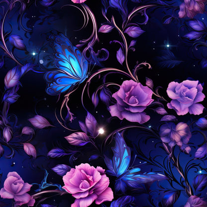 Illustration of blue butterflies and purple roses with swirling vines on a dark background.