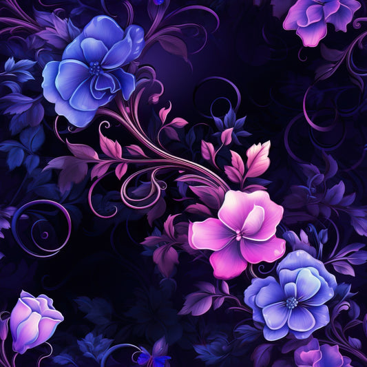 Stylized floral illustration with pink and blue flowers and swirling leaves on a dark background.