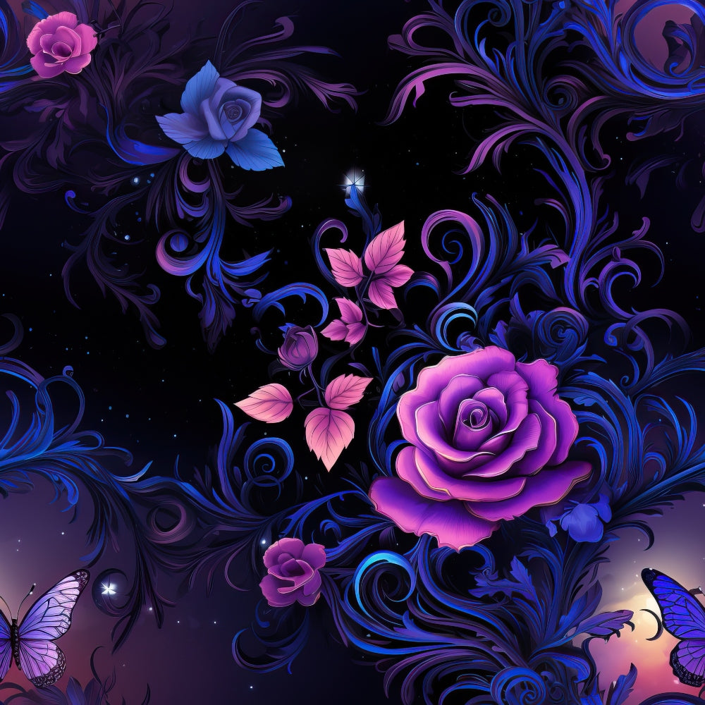 Vibrant digital artwork of purple and blue roses and leaves on a dark background, featuring swirling patterns and butterflies.