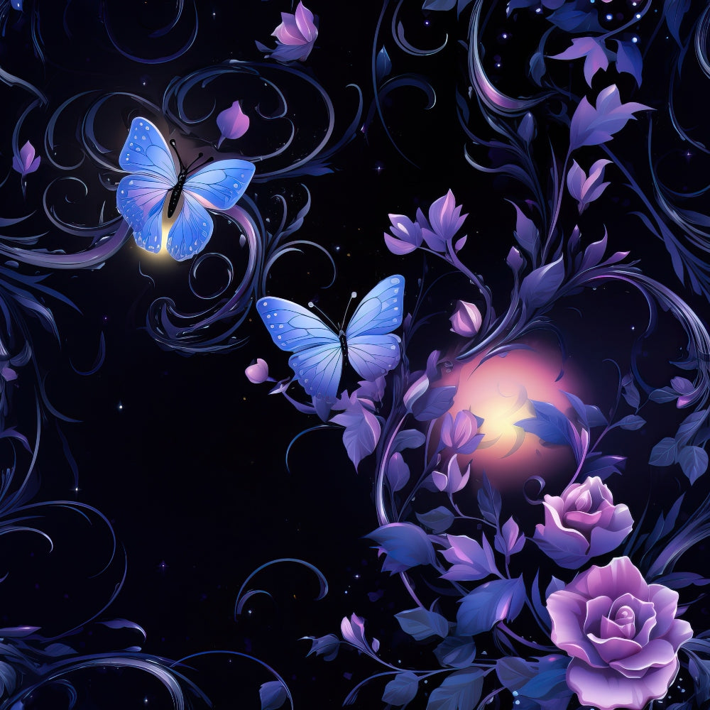 Two blue butterflies fly among purple roses and swirling vines against a dark, starry background.