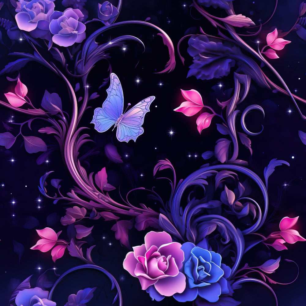 A colorful illustration of purple and blue flowers with a butterfly against a dark background, featuring swirls and star-like dots.