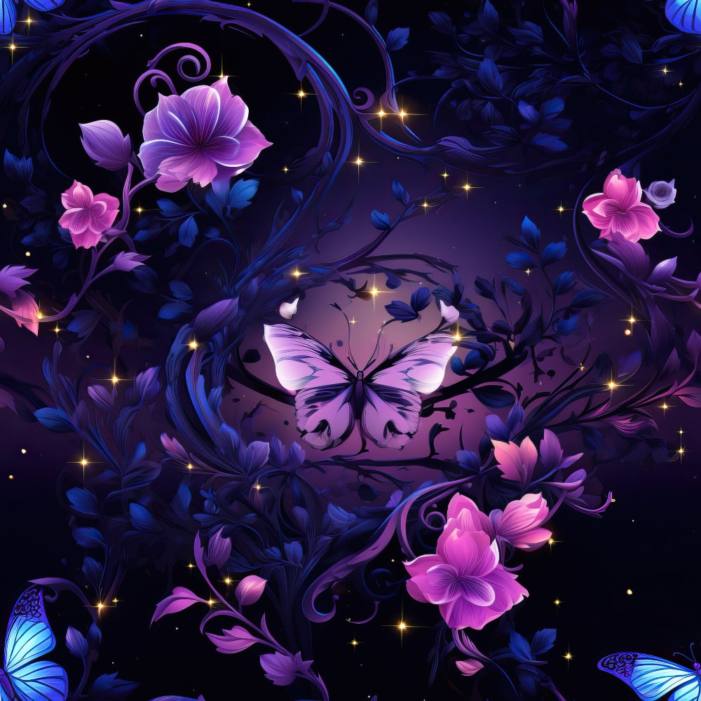 A purple butterfly surrounded by pink flowers and swirling vines against a dark background with sparkling lights.