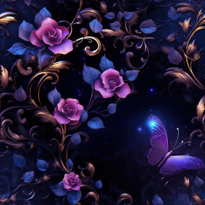 A vibrant butterfly and blooming purple roses surrounded by ornate golden vines against a dark, starry background.