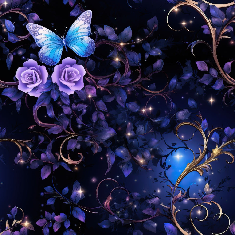 A blue butterfly hovers over two purple roses amid swirling, glowing vines and leaves against a dark, starry background.