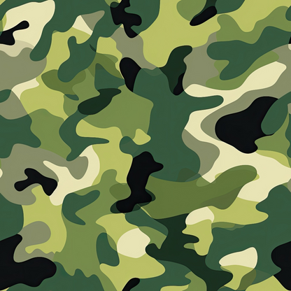 Camouflage pattern with various shades of green, beige, and black in an abstract, overlapping design.