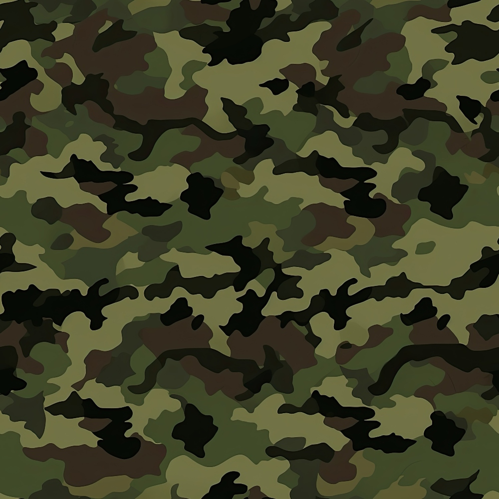 Camouflage pattern with shades of green, brown, and black, creating an irregular abstract design.