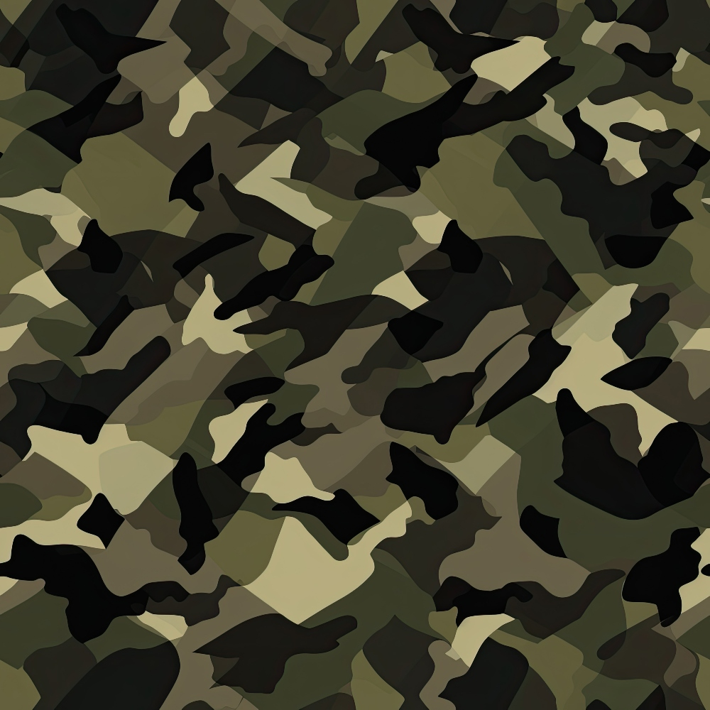 Camouflage pattern with various shades of green, brown, and black abstract shapes.