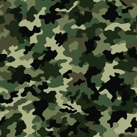 Camouflage pattern with various shades of green, black, and brown in an abstract, irregular design.