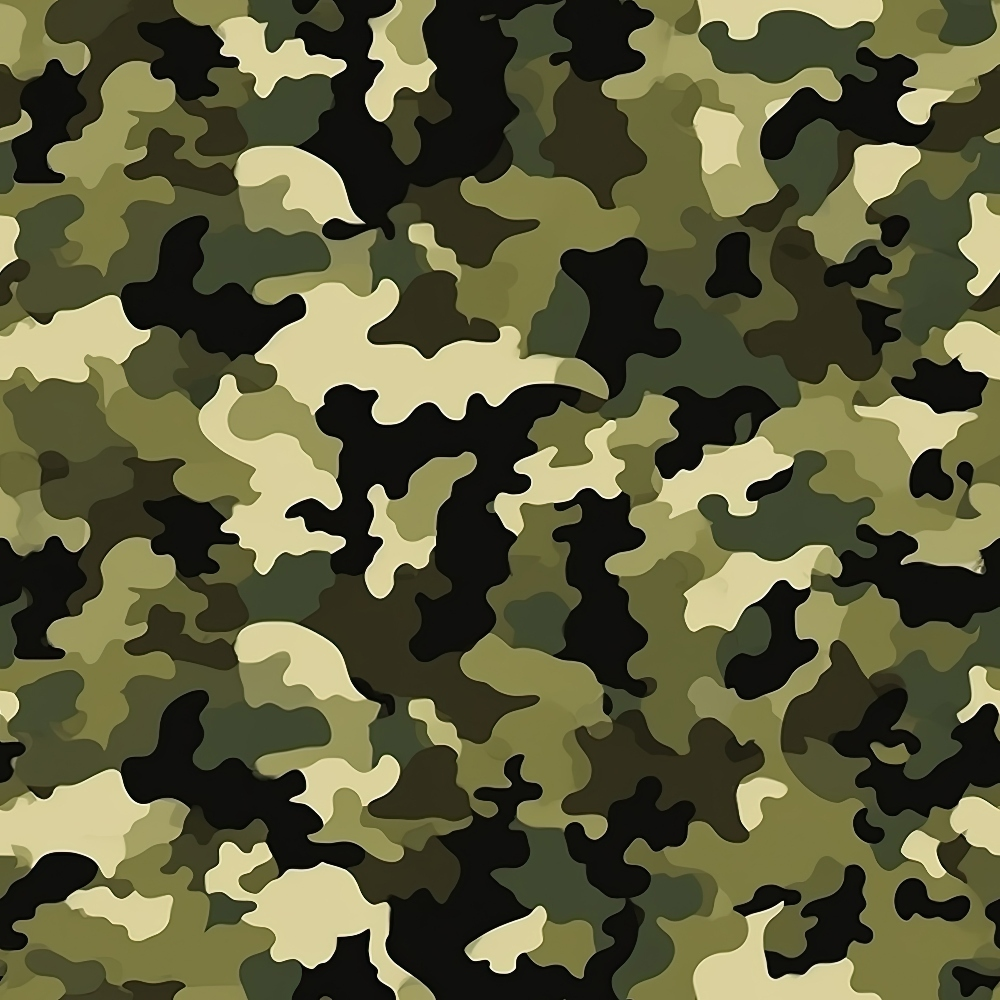 Camouflage pattern with shades of green, black, and beige in an abstract, irregular design.