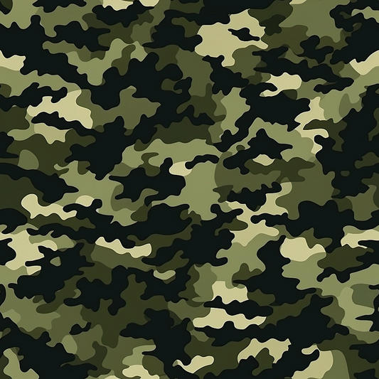 Camouflage pattern featuring irregular shapes in shades of green, brown, and black.