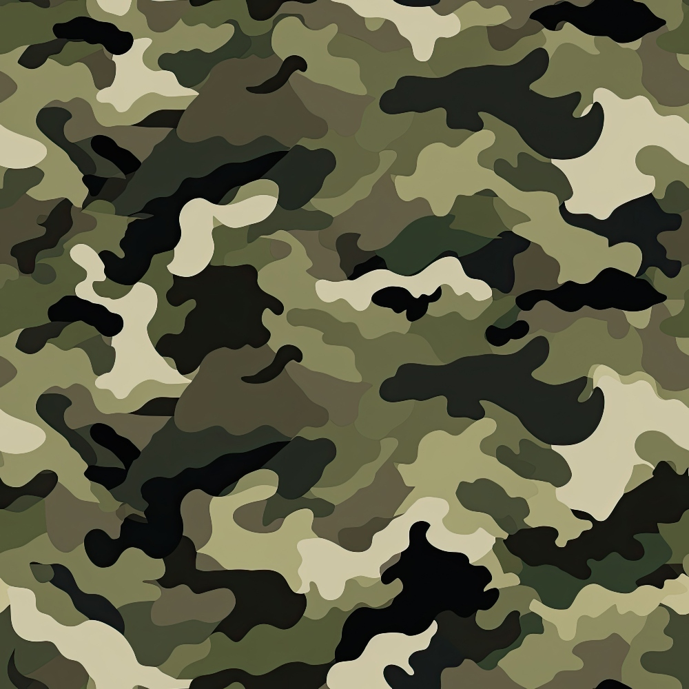 Camouflage pattern featuring various shades of green, brown, and black with organic, irregular shapes.