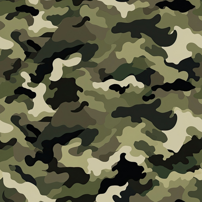 Camouflage pattern featuring various shades of green, brown, and black with organic, irregular shapes.