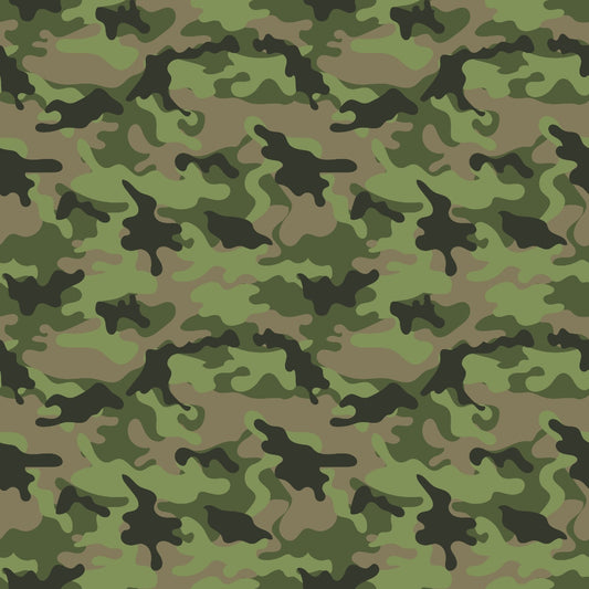 Green and brown camouflage pattern with irregular shapes and varying shades, resembling military fabric design.