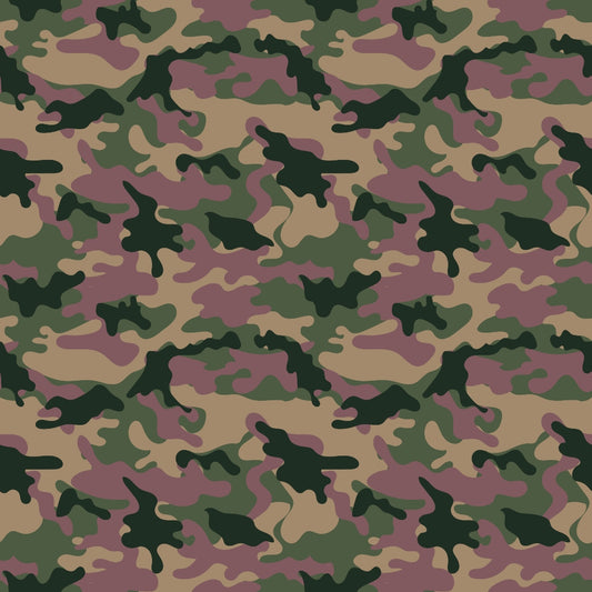 Camouflage pattern with green, brown, and black splotches.