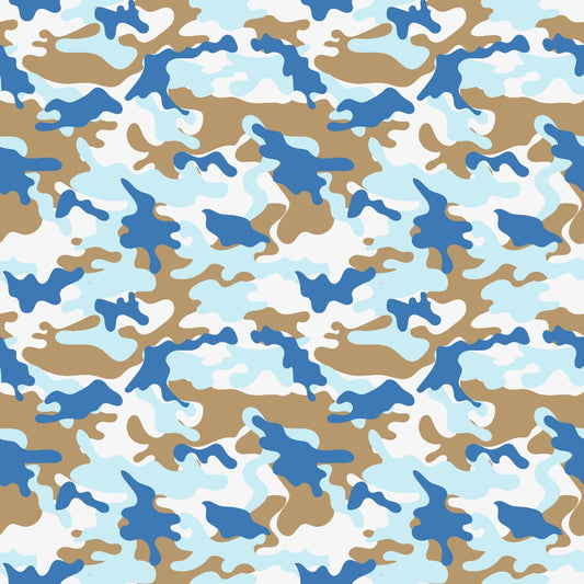 Abstract pattern with blue, brown, and white shapes, resembling camouflage.