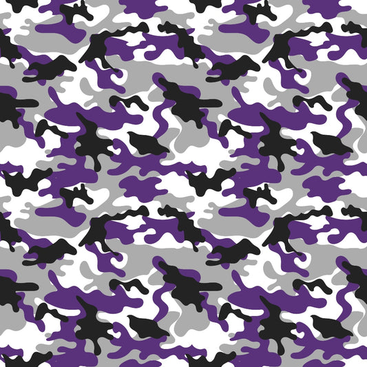 A camouflage pattern featuring abstract shapes in purple, black, white, and gray.