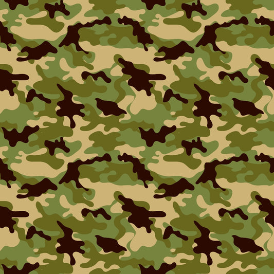 A seamless pattern of green, brown, and tan camouflage.