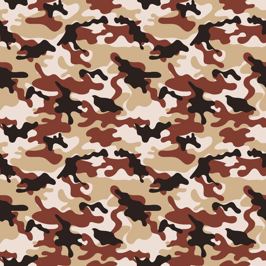 Camouflage pattern featuring abstract shapes in shades of brown, black, and beige.