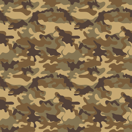 Camouflage pattern with shades of brown, tan, and green in an abstract, wavy design.