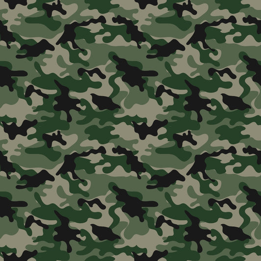 Green, brown, and black camouflage pattern with irregular shapes and a uniform distribution.