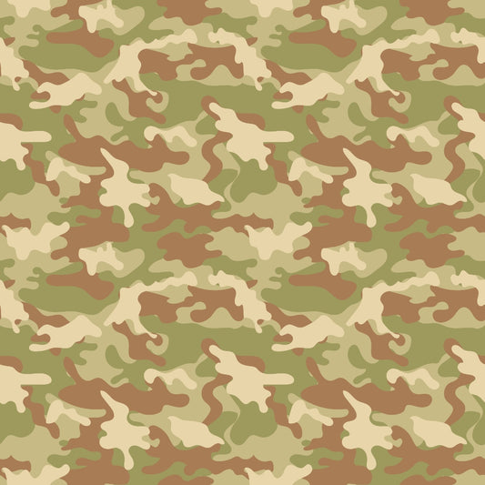 A seamless army camouflage pattern with green, brown, and beige abstract shapes.