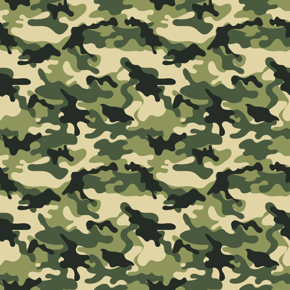 Green and beige camouflage pattern with irregular shapes resembling a forest theme.