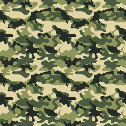 Green and beige camouflage pattern with irregular shapes resembling a forest theme.