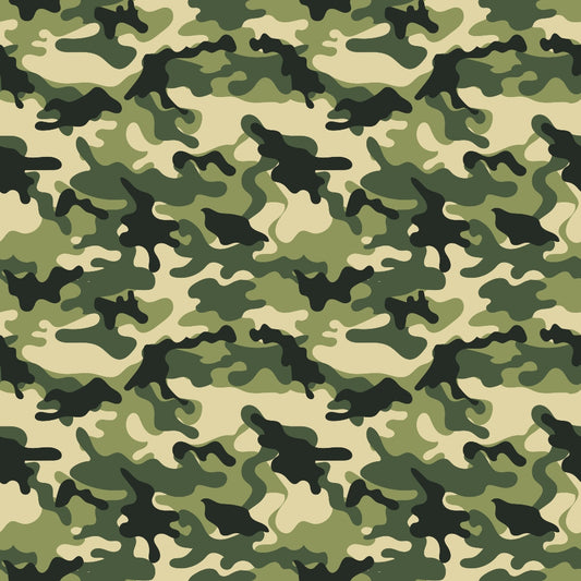 Green and beige camouflage pattern with irregular shapes resembling a forest theme.