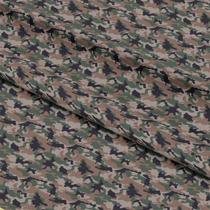 - Military Camouflage Pattern 19 Quilting Cotton Fabric  
- camouflage design  
- cotton textile  
- quilting material  
- green, brown, beige, black colors  
- woodland style  
- fabric yardage  
- American printed cotton fabric  
- durable quilting fabric