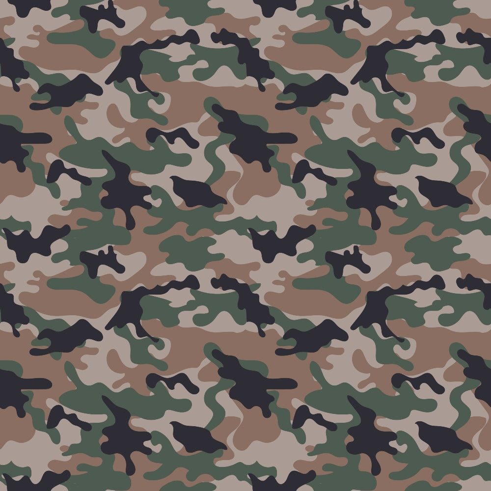 Camouflage pattern featuring green, brown, beige, and black abstract shapes, resembling a traditional military design.