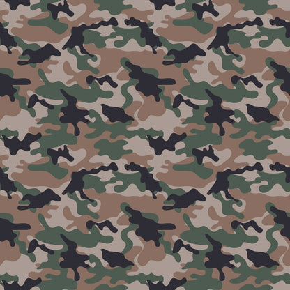 Camouflage pattern featuring green, brown, beige, and black abstract shapes, resembling a traditional military design.